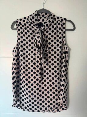 Black & Blush Polka Dot Sleeveless Blouse with Tie Neck  Women’s S